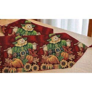 Tache Fall Scarecrow Harvest Tapestry Table Runner Tassels Pumpkin Sunflower